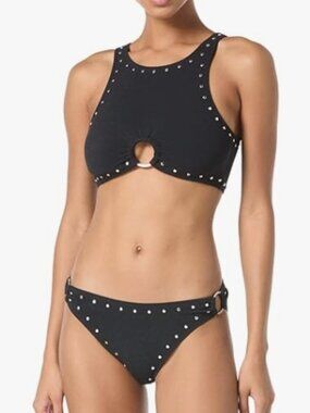 NWT! Michael Kors Black Crepe Studded Crop Swimsuit Bikini Set NEW!